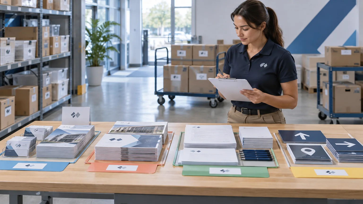 Worker with a clipboard checks organized stacks of printed brochures, forms, cards, and directional signs on a staging table in a bright warehouse, with labeled cartons and shelving behind her.