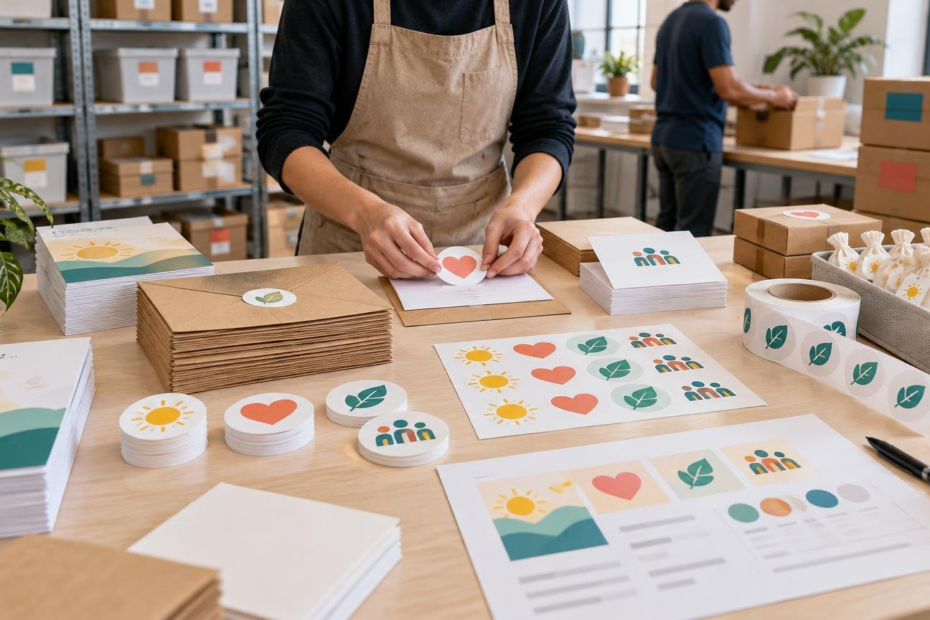 Worker assembles envelopes and nonprofit-style sticker sheets at an organized packing table with printed cards, gift bags, boxes, and labeled storage bins.