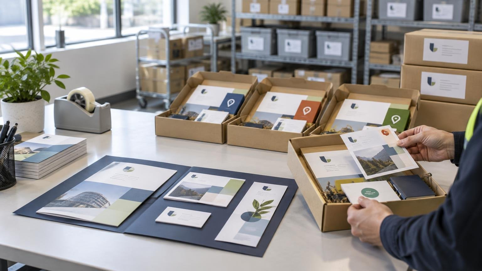 A worker assembles branded print-material kits on a table, with brochures, cards, inserts, open cartons, labeled boxes, and organized inventory shelves in the background.