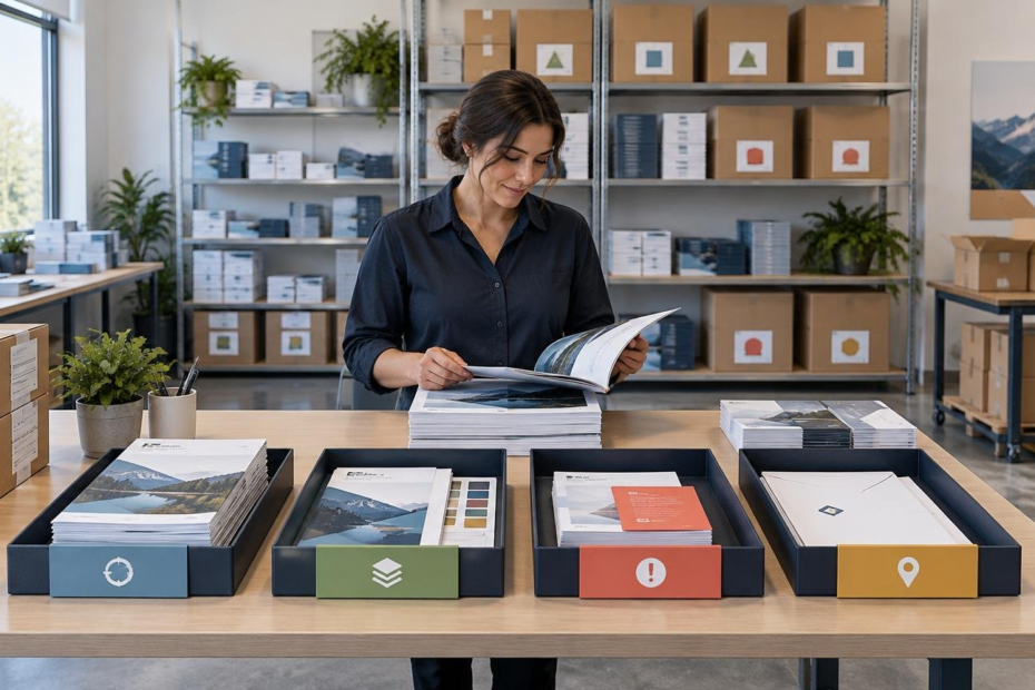 A woman reviews printed brochures at a worktable with four organized document trays, boxed inventory, and shelving in a bright print-operations workspace.