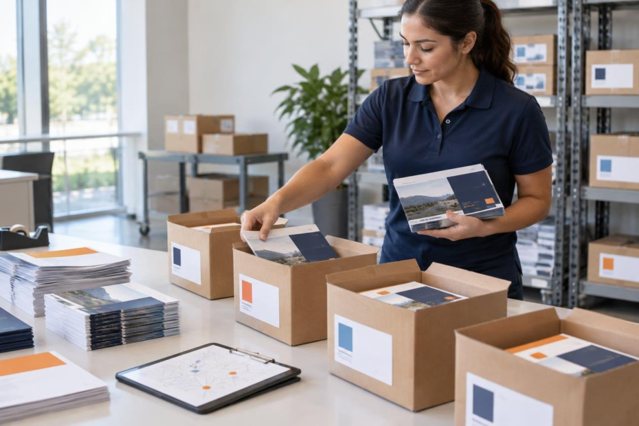 Worker sorting stacks of printed marketing brochures into open labeled cartons on a fulfillment table, with boxed inventory on shelves behind her.