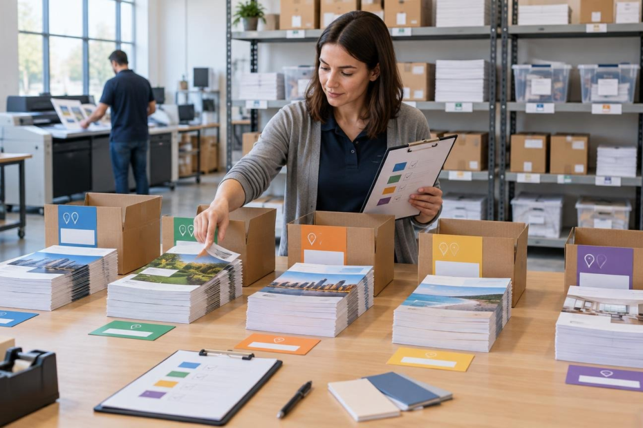 Print-operations employee sorts stacks of brochures into color-coded cartons at a staging table, using a clipboard in an organized fulfillment workspace.