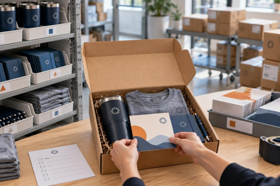 Worker places a branded illustrated card into an open employee welcome kit containing a tumbler, sweatshirt, notebook, and pen, with organized shelves of matching supplies and shipping cartons behind.