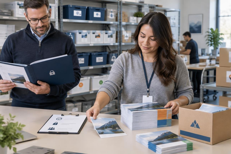 Two employees organize stacks of printed landscape brochures and labeled cartons at a tidy fulfillment workspace, with shelves of inventory behind them.